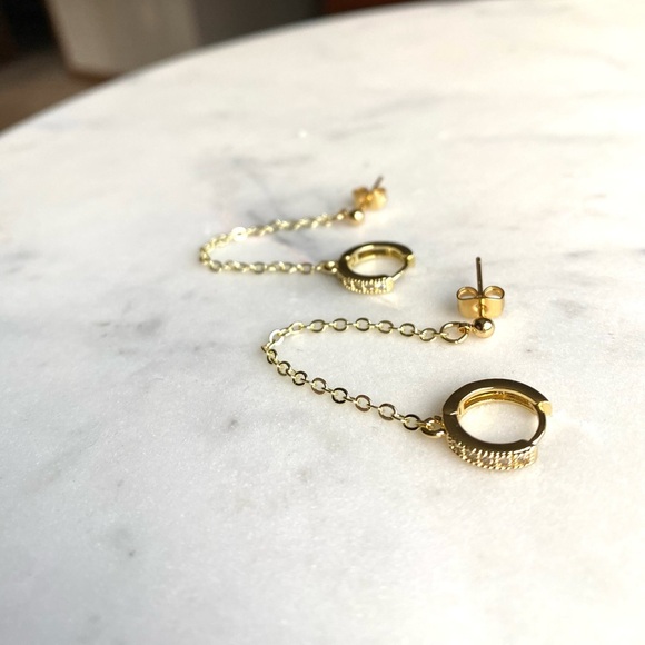 Cubic Zirconia Huggies Double Pierce Drop Chain Earrings - Picture 4 of 5